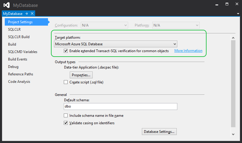 ssdt-project-settings-for-azure